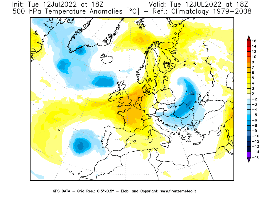 GFS analysi map - Temperature Anomalies [°C] at 500 hPa in Europe
									on 12/07/2022 18 <!--googleoff: index-->UTC<!--googleon: index-->