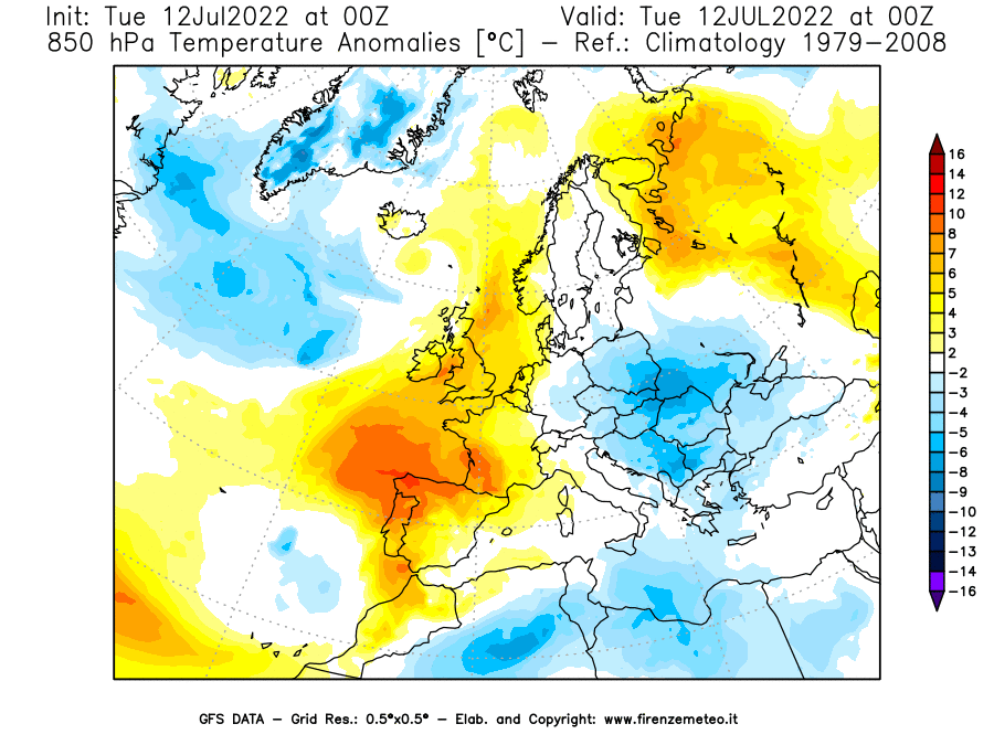 GFS analysi map - Temperature Anomalies [°C] at 850 hPa in Europe
									on 12/07/2022 00 <!--googleoff: index-->UTC<!--googleon: index-->