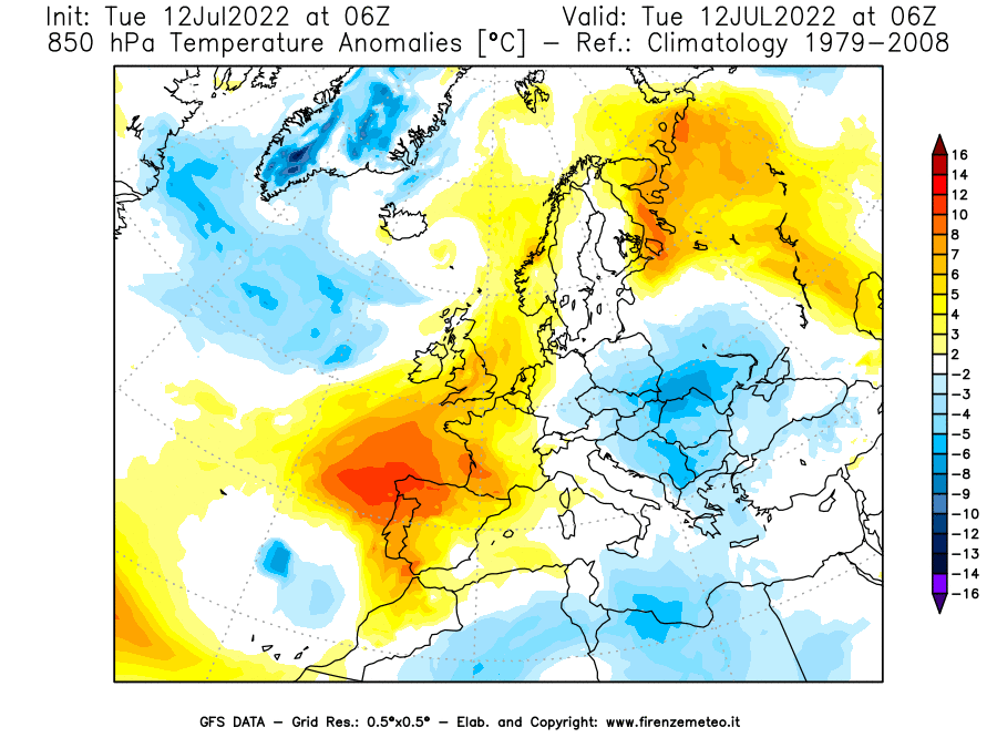 GFS analysi map - Temperature Anomalies [°C] at 850 hPa in Europe
									on 12/07/2022 06 <!--googleoff: index-->UTC<!--googleon: index-->