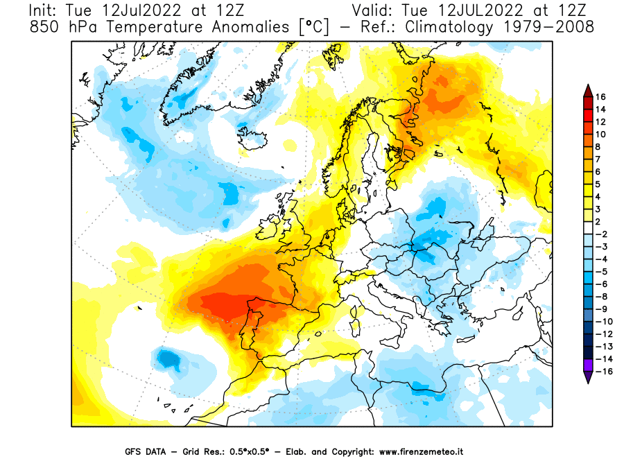 GFS analysi map - Temperature Anomalies [°C] at 850 hPa in Europe
									on 12/07/2022 12 <!--googleoff: index-->UTC<!--googleon: index-->