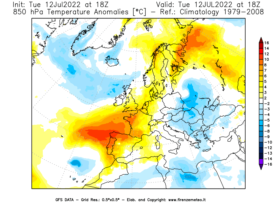 GFS analysi map - Temperature Anomalies [°C] at 850 hPa in Europe
									on 12/07/2022 18 <!--googleoff: index-->UTC<!--googleon: index-->