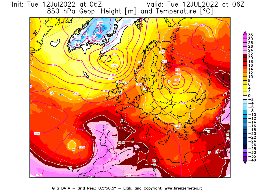 GFS analysi map - Geopotential [m] and Temperature [°C] at 850 hPa in Europe
									on 12/07/2022 06 <!--googleoff: index-->UTC<!--googleon: index-->