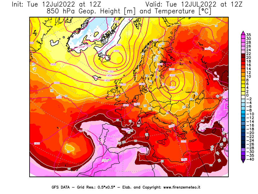 GFS analysi map - Geopotential [m] and Temperature [°C] at 850 hPa in Europe
									on 12/07/2022 12 <!--googleoff: index-->UTC<!--googleon: index-->