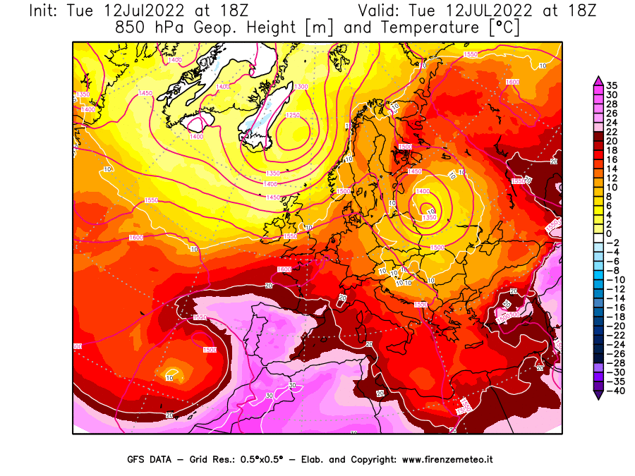 GFS analysi map - Geopotential [m] and Temperature [°C] at 850 hPa in Europe
									on 12/07/2022 18 <!--googleoff: index-->UTC<!--googleon: index-->