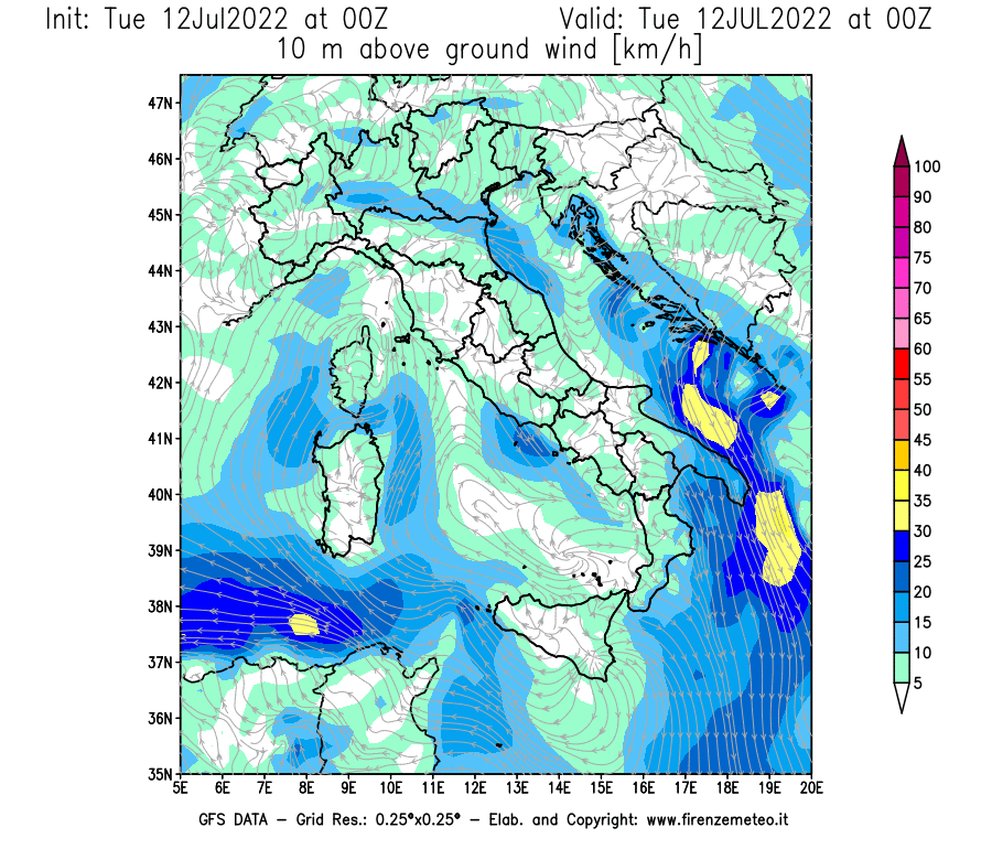 GFS analysi map - Wind Speed at 10 m above ground [km/h] in Italy
									on 12/07/2022 00 <!--googleoff: index-->UTC<!--googleon: index-->