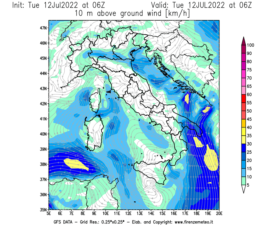 GFS analysi map - Wind Speed at 10 m above ground [km/h] in Italy
									on 12/07/2022 06 <!--googleoff: index-->UTC<!--googleon: index-->