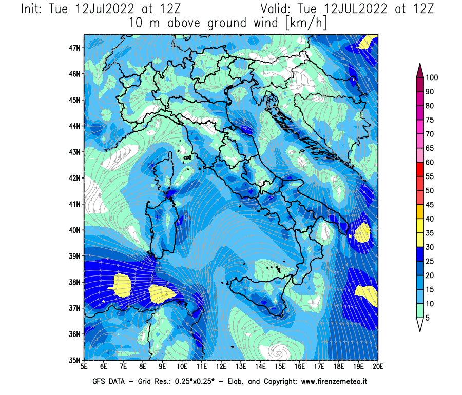 GFS analysi map - Wind Speed at 10 m above ground [km/h] in Italy
									on 12/07/2022 12 <!--googleoff: index-->UTC<!--googleon: index-->