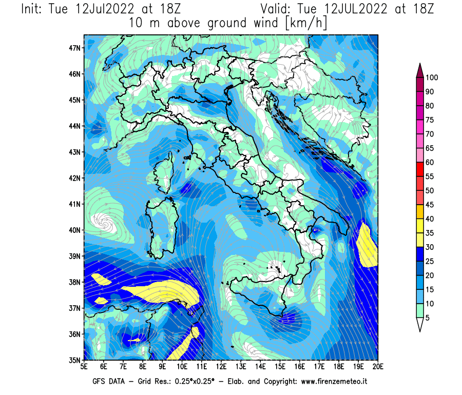 GFS analysi map - Wind Speed at 10 m above ground [km/h] in Italy
									on 12/07/2022 18 <!--googleoff: index-->UTC<!--googleon: index-->