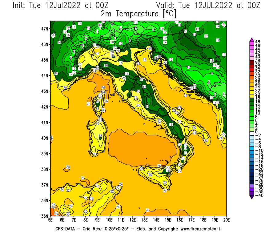 GFS analysi map - Temperature at 2 m above ground [°C] in Italy
									on 12/07/2022 00 <!--googleoff: index-->UTC<!--googleon: index-->