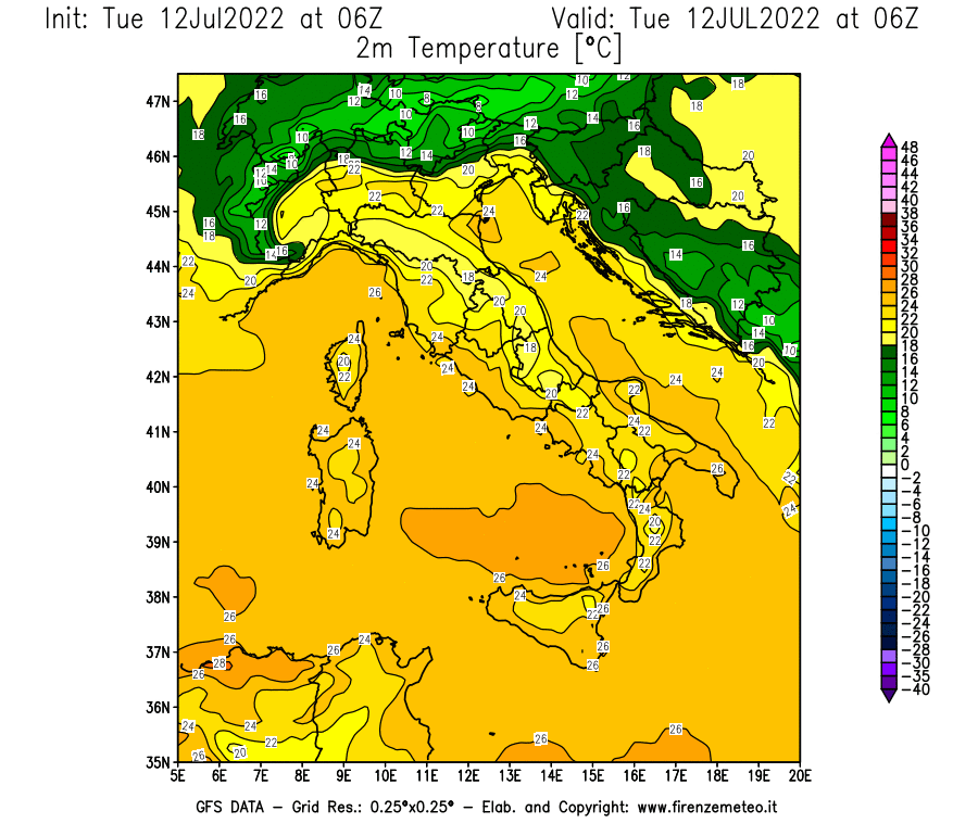GFS analysi map - Temperature at 2 m above ground [°C] in Italy
									on 12/07/2022 06 <!--googleoff: index-->UTC<!--googleon: index-->