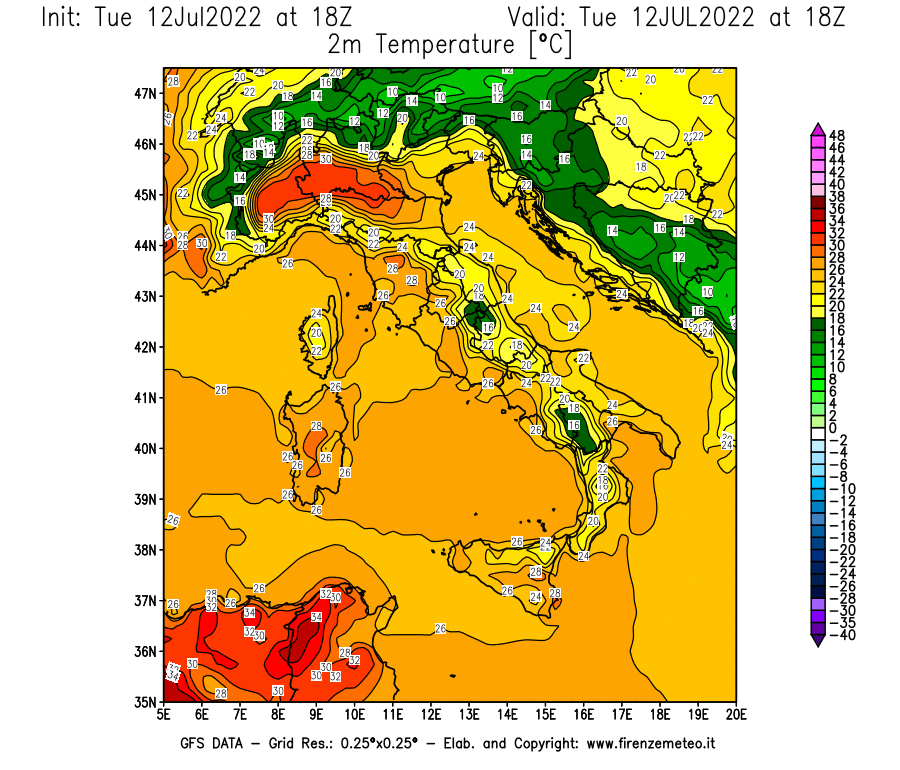 GFS analysi map - Temperature at 2 m above ground [°C] in Italy
									on 12/07/2022 18 <!--googleoff: index-->UTC<!--googleon: index-->
