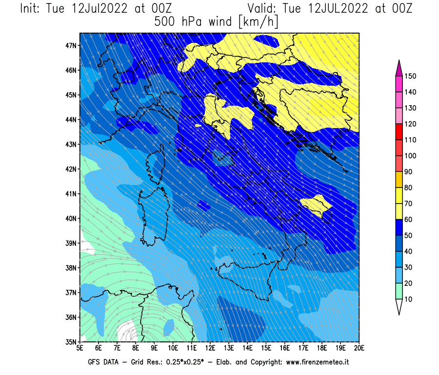 GFS analysi map - Wind Speed at 500 hPa [km/h] in Italy
									on 12/07/2022 00 <!--googleoff: index-->UTC<!--googleon: index-->
