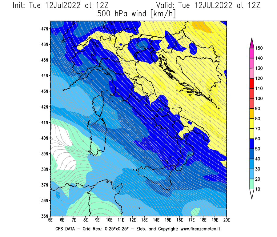 GFS analysi map - Wind Speed at 500 hPa [km/h] in Italy
									on 12/07/2022 12 <!--googleoff: index-->UTC<!--googleon: index-->