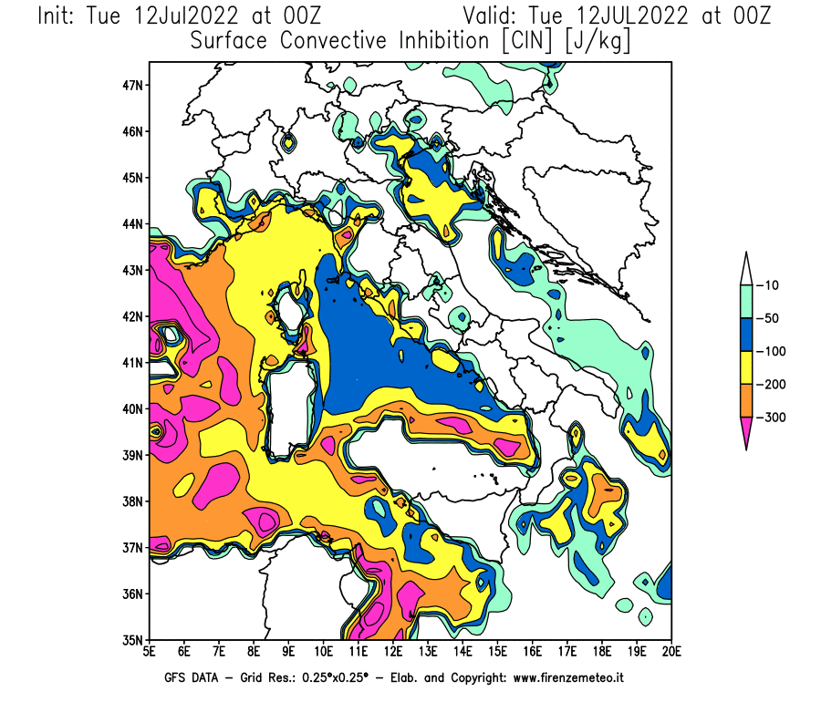GFS analysi map - CIN [J/kg] in Italy
									on 12/07/2022 00 <!--googleoff: index-->UTC<!--googleon: index-->