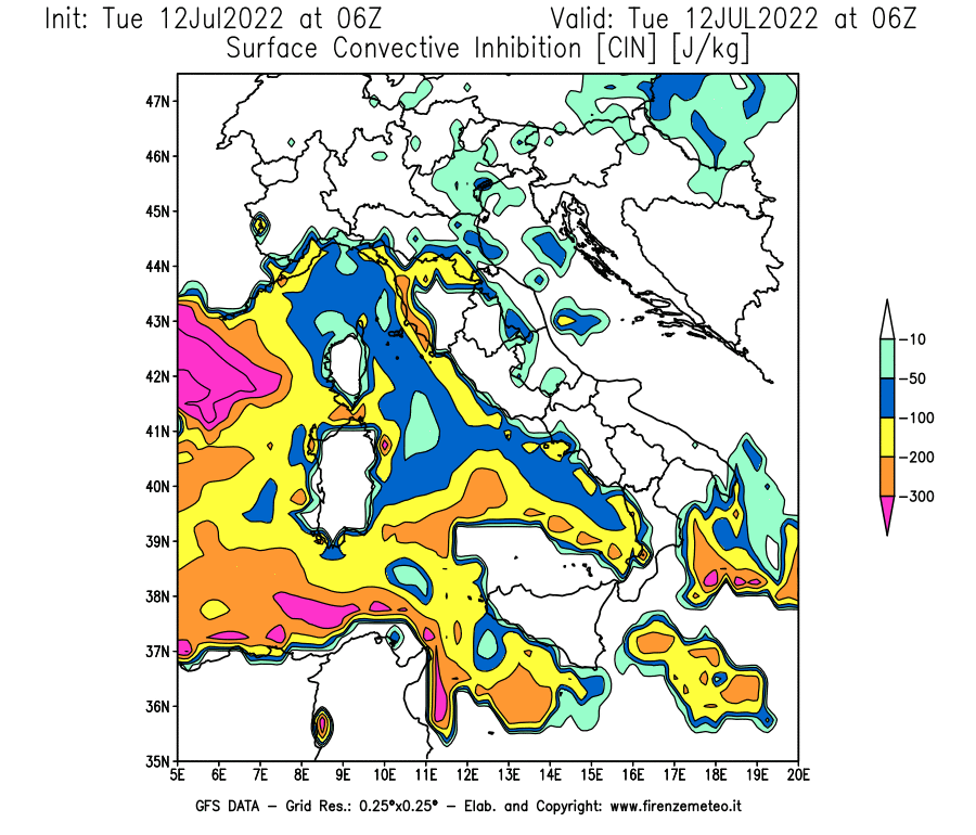 GFS analysi map - CIN [J/kg] in Italy
									on 12/07/2022 06 <!--googleoff: index-->UTC<!--googleon: index-->