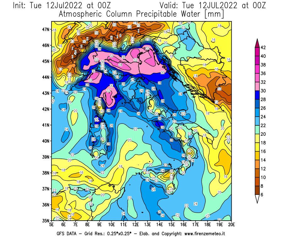 GFS analysi map - Precipitable Water [mm] in Italy
									on 12/07/2022 00 <!--googleoff: index-->UTC<!--googleon: index-->
