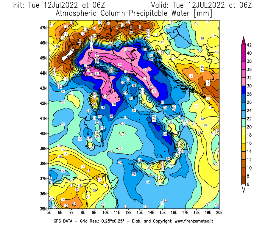 GFS analysi map - Precipitable Water [mm] in Italy
									on 12/07/2022 06 <!--googleoff: index-->UTC<!--googleon: index-->