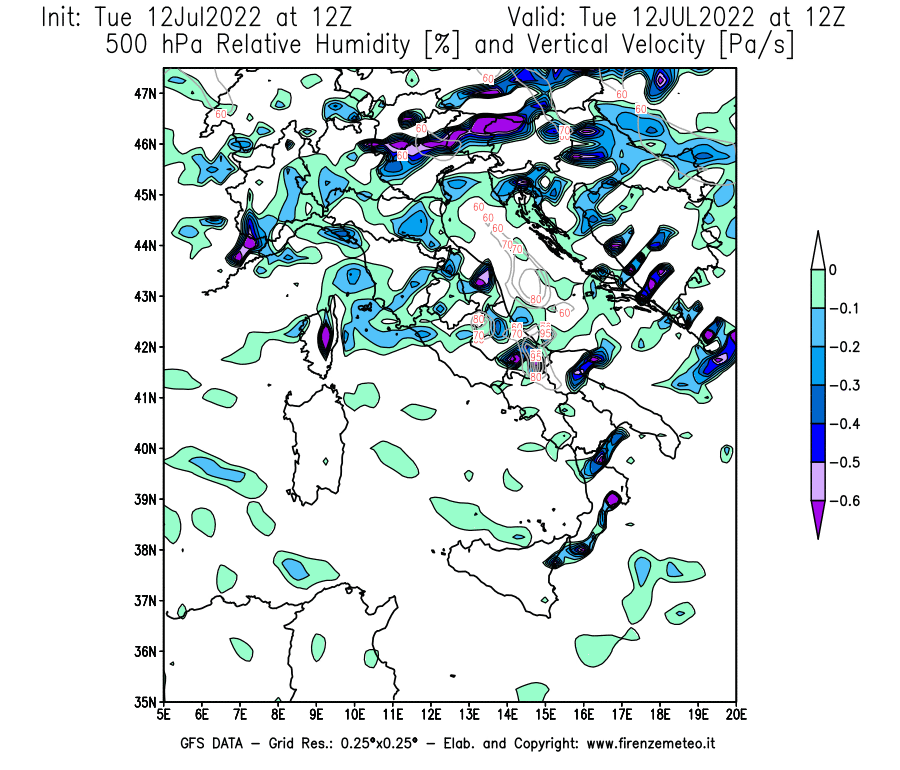 GFS analysi map - Relative Umidity [%] and Omega [Pa/s] at 500 hPa in Italy
									on 12/07/2022 12 <!--googleoff: index-->UTC<!--googleon: index-->