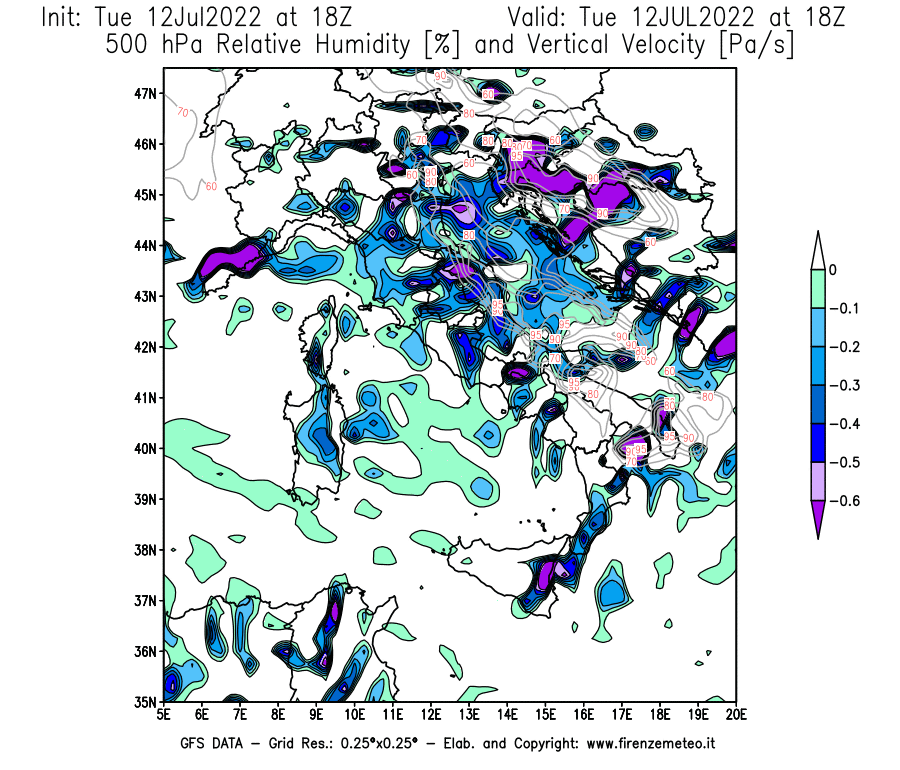 GFS analysi map - Relative Umidity [%] and Omega [Pa/s] at 500 hPa in Italy
									on 12/07/2022 18 <!--googleoff: index-->UTC<!--googleon: index-->