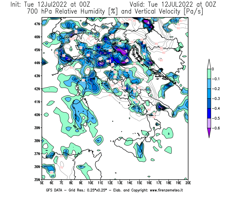 GFS analysi map - Relative Umidity [%] and Omega [Pa/s] at 700 hPa in Italy
									on 12/07/2022 00 <!--googleoff: index-->UTC<!--googleon: index-->