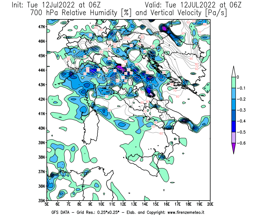 GFS analysi map - Relative Umidity [%] and Omega [Pa/s] at 700 hPa in Italy
									on 12/07/2022 06 <!--googleoff: index-->UTC<!--googleon: index-->