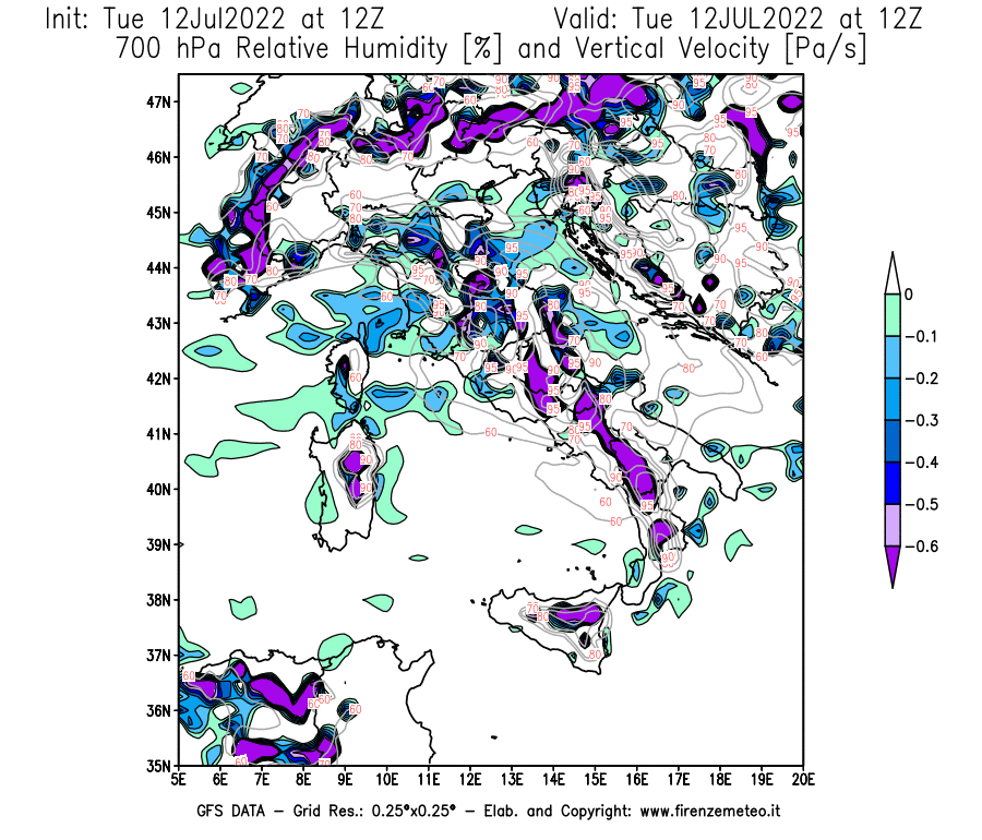 GFS analysi map - Relative Umidity [%] and Omega [Pa/s] at 700 hPa in Italy
									on 12/07/2022 12 <!--googleoff: index-->UTC<!--googleon: index-->