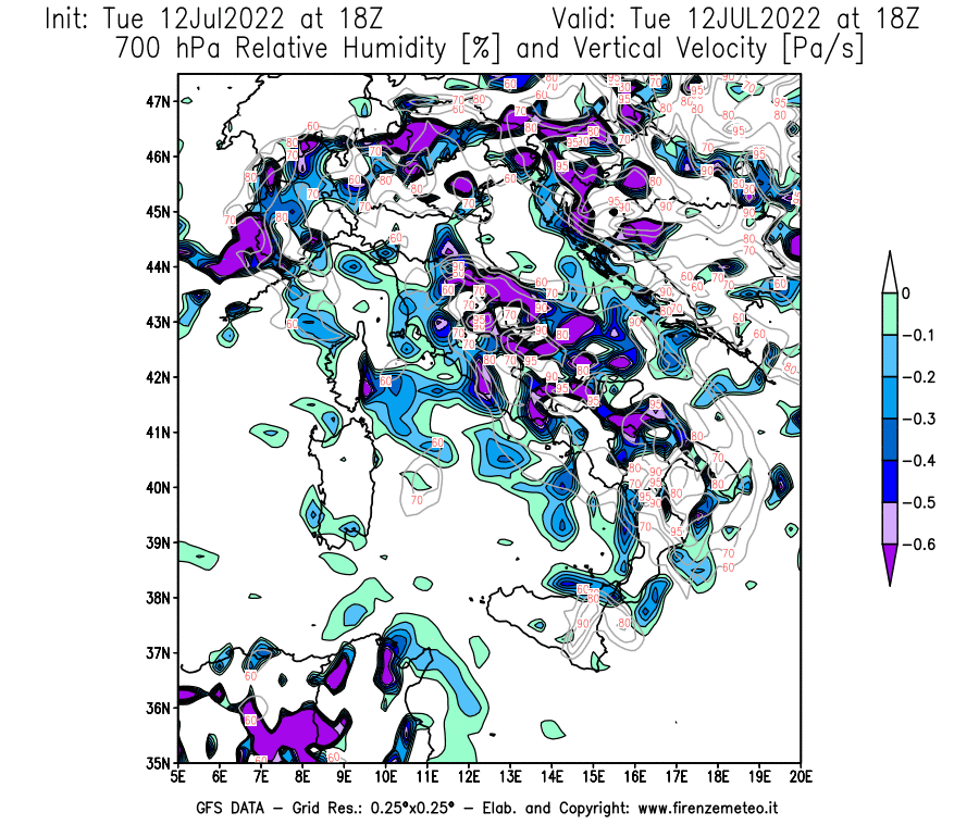 GFS analysi map - Relative Umidity [%] and Omega [Pa/s] at 700 hPa in Italy
									on 12/07/2022 18 <!--googleoff: index-->UTC<!--googleon: index-->