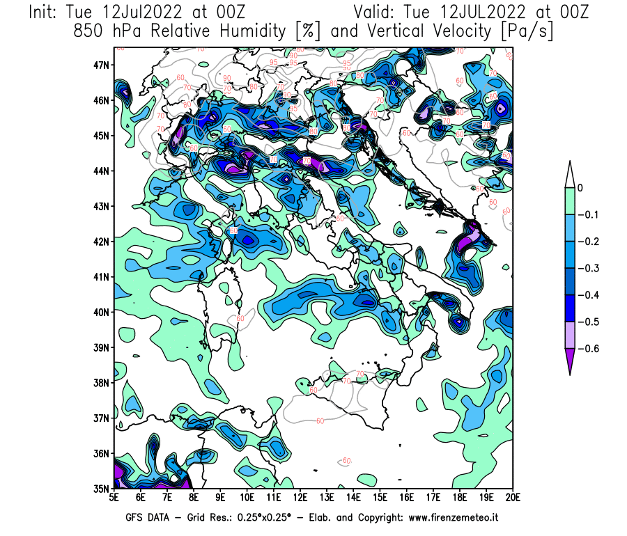 GFS analysi map - Relative Umidity [%] and Omega [Pa/s] at 850 hPa in Italy
									on 12/07/2022 00 <!--googleoff: index-->UTC<!--googleon: index-->