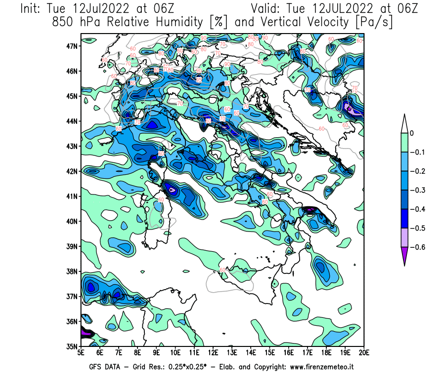 GFS analysi map - Relative Umidity [%] and Omega [Pa/s] at 850 hPa in Italy
									on 12/07/2022 06 <!--googleoff: index-->UTC<!--googleon: index-->