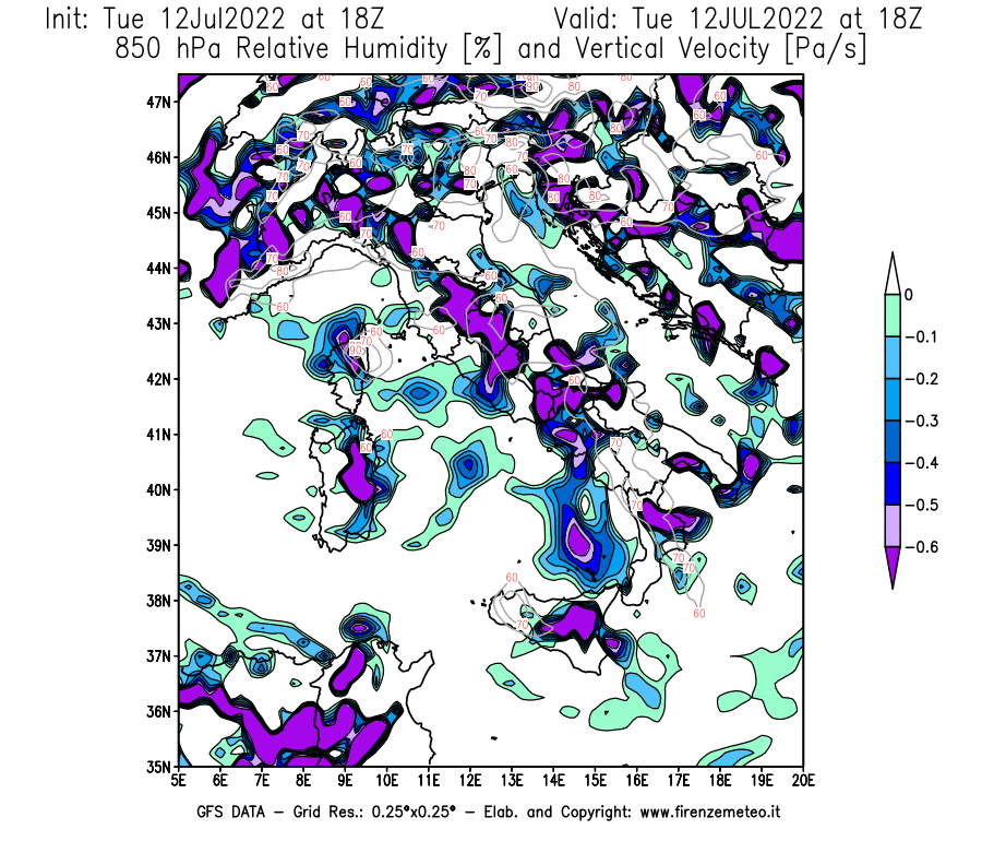 GFS analysi map - Relative Umidity [%] and Omega [Pa/s] at 850 hPa in Italy
									on 12/07/2022 18 <!--googleoff: index-->UTC<!--googleon: index-->