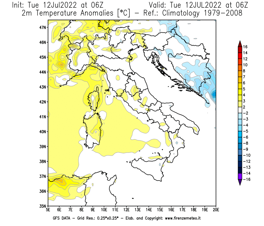 GFS analysi map - Temperature Anomalies [°C] at 2 m in Italy
									on 12/07/2022 06 <!--googleoff: index-->UTC<!--googleon: index-->