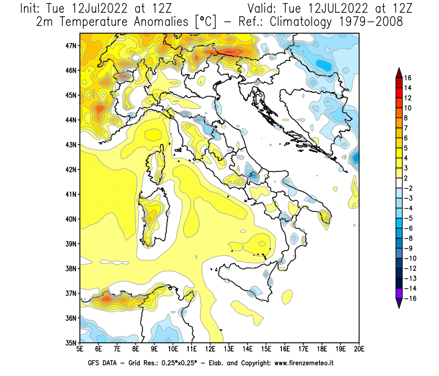 GFS analysi map - Temperature Anomalies [°C] at 2 m in Italy
									on 12/07/2022 12 <!--googleoff: index-->UTC<!--googleon: index-->