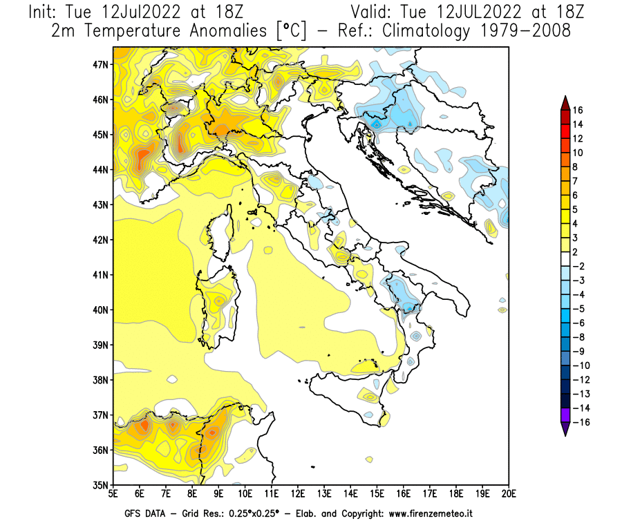 GFS analysi map - Temperature Anomalies [°C] at 2 m in Italy
									on 12/07/2022 18 <!--googleoff: index-->UTC<!--googleon: index-->