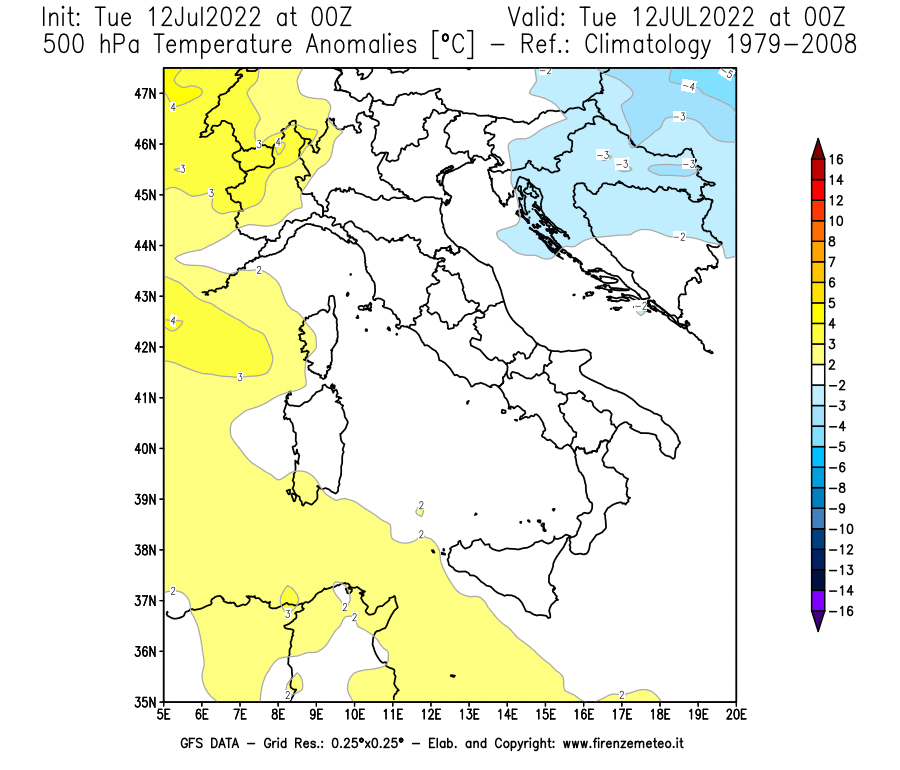 GFS analysi map - Temperature Anomalies [°C] at 500 hPa in Italy
									on 12/07/2022 00 <!--googleoff: index-->UTC<!--googleon: index-->