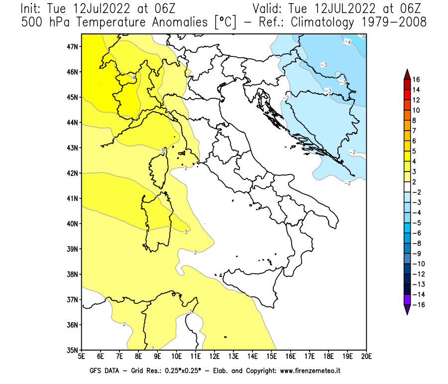 GFS analysi map - Temperature Anomalies [°C] at 500 hPa in Italy
									on 12/07/2022 06 <!--googleoff: index-->UTC<!--googleon: index-->