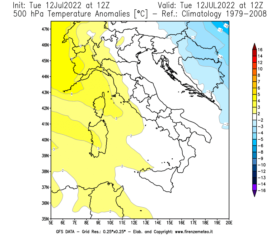 GFS analysi map - Temperature Anomalies [°C] at 500 hPa in Italy
									on 12/07/2022 12 <!--googleoff: index-->UTC<!--googleon: index-->