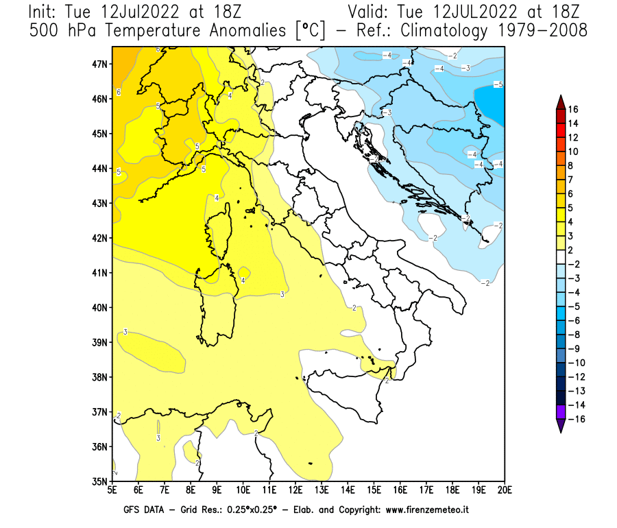 GFS analysi map - Temperature Anomalies [°C] at 500 hPa in Italy
									on 12/07/2022 18 <!--googleoff: index-->UTC<!--googleon: index-->