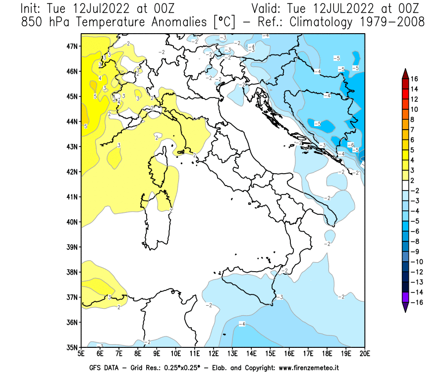 GFS analysi map - Temperature Anomalies [°C] at 850 hPa in Italy
									on 12/07/2022 00 <!--googleoff: index-->UTC<!--googleon: index-->