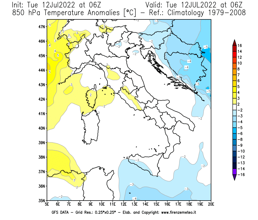 GFS analysi map - Temperature Anomalies [°C] at 850 hPa in Italy
									on 12/07/2022 06 <!--googleoff: index-->UTC<!--googleon: index-->