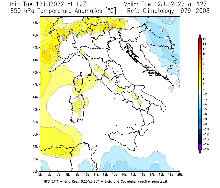 GFS analysi map - Temperature Anomalies [°C] at 850 hPa in Italy
									on 12/07/2022 12 <!--googleoff: index-->UTC<!--googleon: index-->