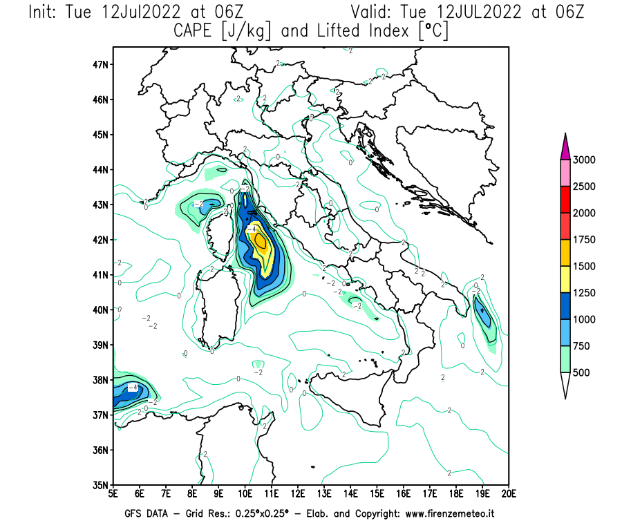 GFS analysi map - CAPE [J/kg] and Lifted Index [°C] in Italy
									on 12/07/2022 06 <!--googleoff: index-->UTC<!--googleon: index-->