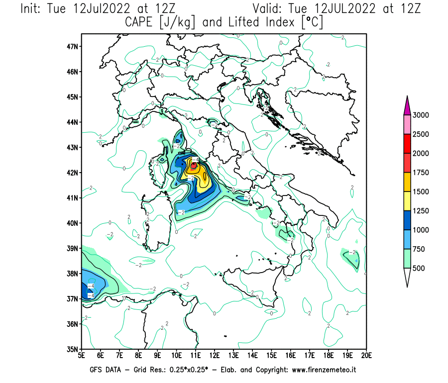 GFS analysi map - CAPE [J/kg] and Lifted Index [°C] in Italy
									on 12/07/2022 12 <!--googleoff: index-->UTC<!--googleon: index-->