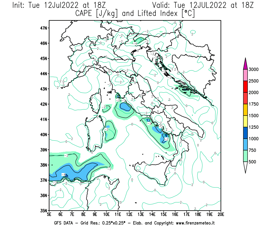 GFS analysi map - CAPE [J/kg] and Lifted Index [°C] in Italy
									on 12/07/2022 18 <!--googleoff: index-->UTC<!--googleon: index-->