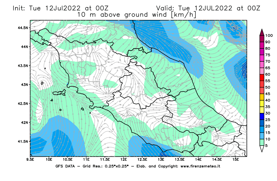 GFS analysi map - Wind Speed at 10 m above ground [km/h] in Central Italy
									on 12/07/2022 00 <!--googleoff: index-->UTC<!--googleon: index-->