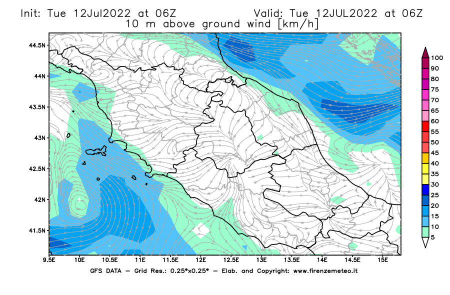 GFS analysi map - Wind Speed at 10 m above ground [km/h] in Central Italy
									on 12/07/2022 06 <!--googleoff: index-->UTC<!--googleon: index-->