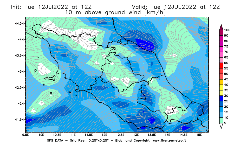 GFS analysi map - Wind Speed at 10 m above ground [km/h] in Central Italy
									on 12/07/2022 12 <!--googleoff: index-->UTC<!--googleon: index-->