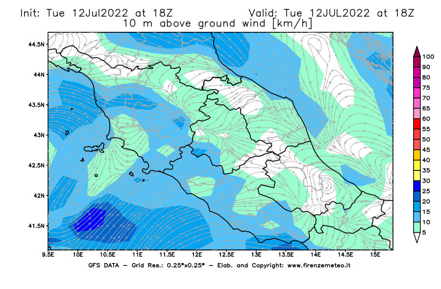 GFS analysi map - Wind Speed at 10 m above ground [km/h] in Central Italy
									on 12/07/2022 18 <!--googleoff: index-->UTC<!--googleon: index-->