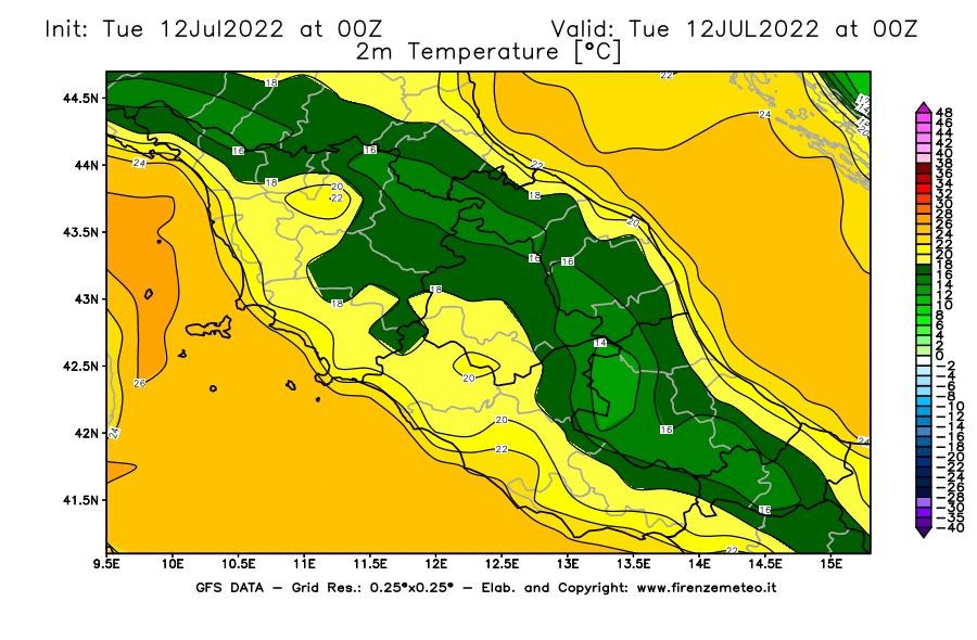 GFS analysi map - Temperature at 2 m above ground [°C] in Central Italy
									on 12/07/2022 00 <!--googleoff: index-->UTC<!--googleon: index-->