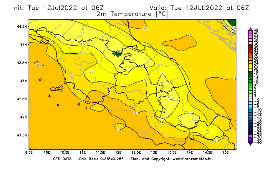 GFS analysi map - Temperature at 2 m above ground [°C] in Central Italy
									on 12/07/2022 06 <!--googleoff: index-->UTC<!--googleon: index-->