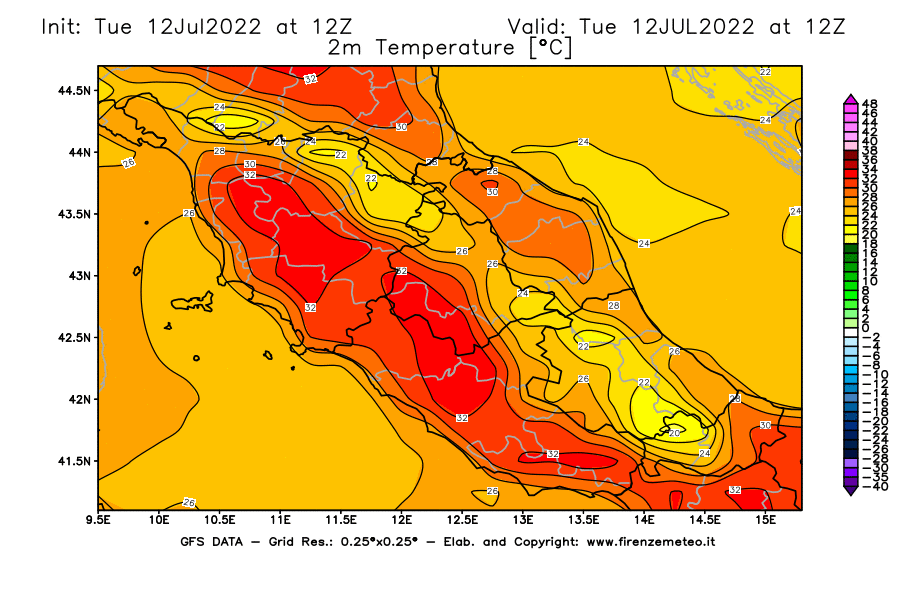 GFS analysi map - Temperature at 2 m above ground [°C] in Central Italy
									on 12/07/2022 12 <!--googleoff: index-->UTC<!--googleon: index-->